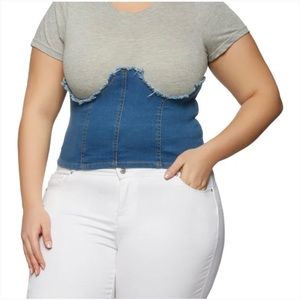 NWOT Thrill Jeans Dark Wash Under Corset Denim T-shirt  Size Large Gray/Blue